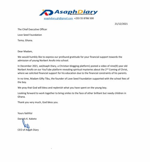 Loveseed Foundation_ AsaphDiary Appreciation Letter